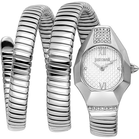 Just Cavalli Damenuhr aus Edelstahl mit flexiblem Armband und hexagonalem Zifferblatt mit Kristallen