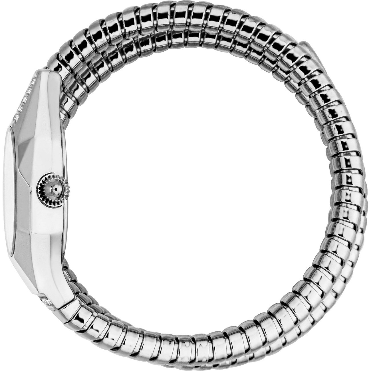 Sidovy av Just Cavalli damklocka i rostfritt stål med ormformat band och klara kristaller.