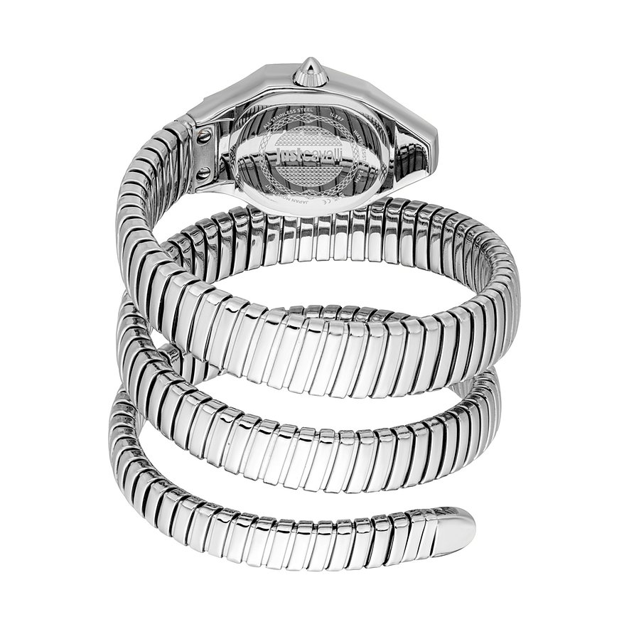Baksida av en silverfärgad Just Cavalli damklocka i rostfritt stål med ett spiralformat armband.