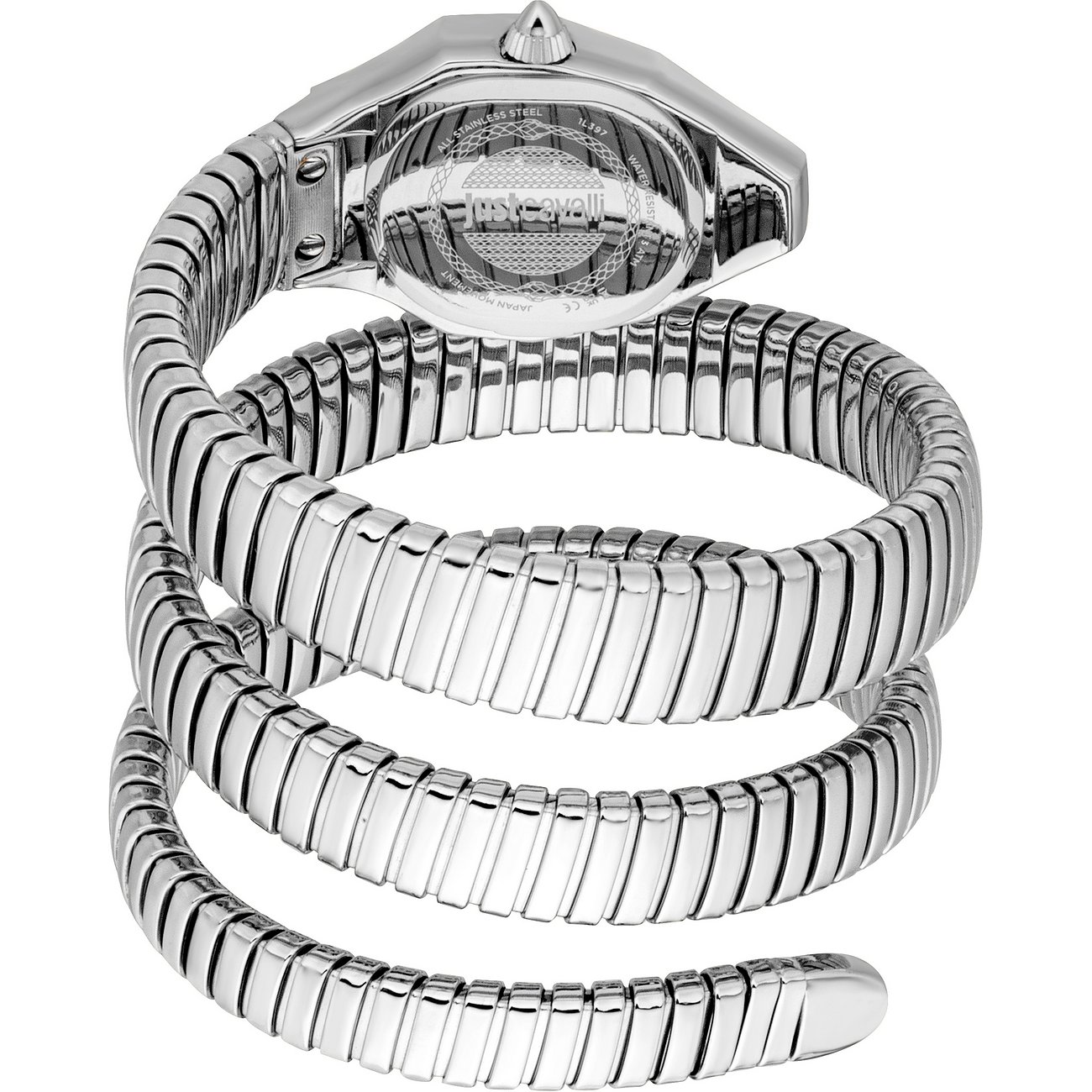 Baksida av en silverfärgad Just Cavalli damklocka i rostfritt stål med ett spiralformat armband.