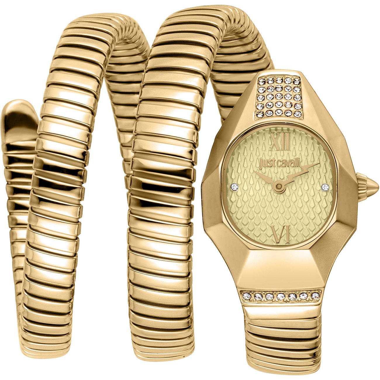 Just Cavalli dameur: guldfarvet rustfrit stål, krystaller, snoet rem, udsmykket urkasse.