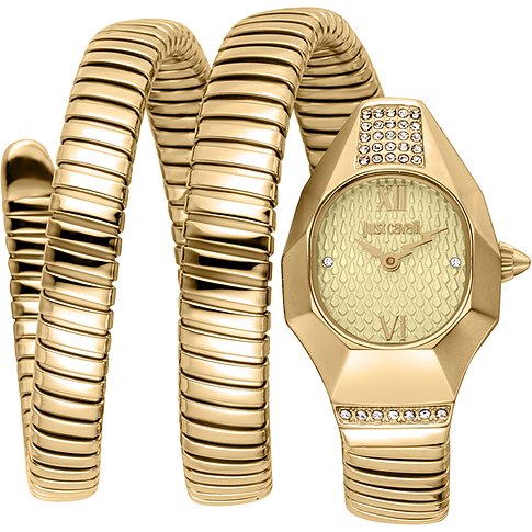 Just Cavalli Damenuhr aus goldfarbenem Edelstahl mit gewickeltem Band und Gehäuse verziert mit Kristallen.