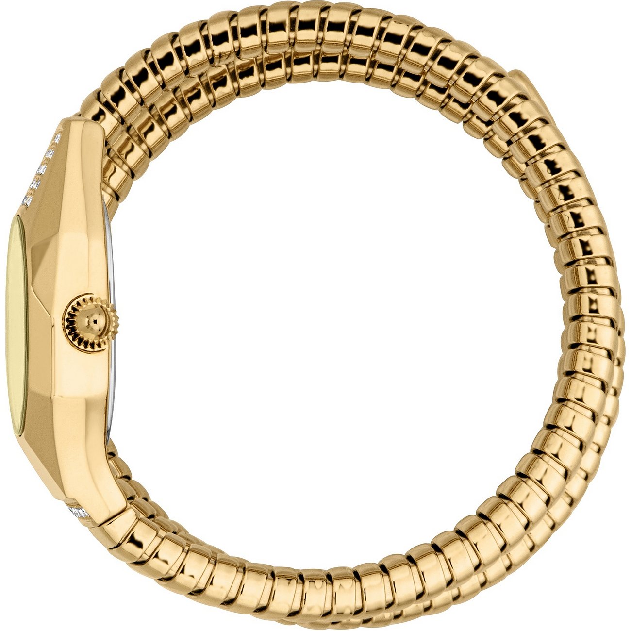 Just Cavalli dameur i rustfrit stål, set fra siden, med et smalt guldbånd og funklende krystaller.