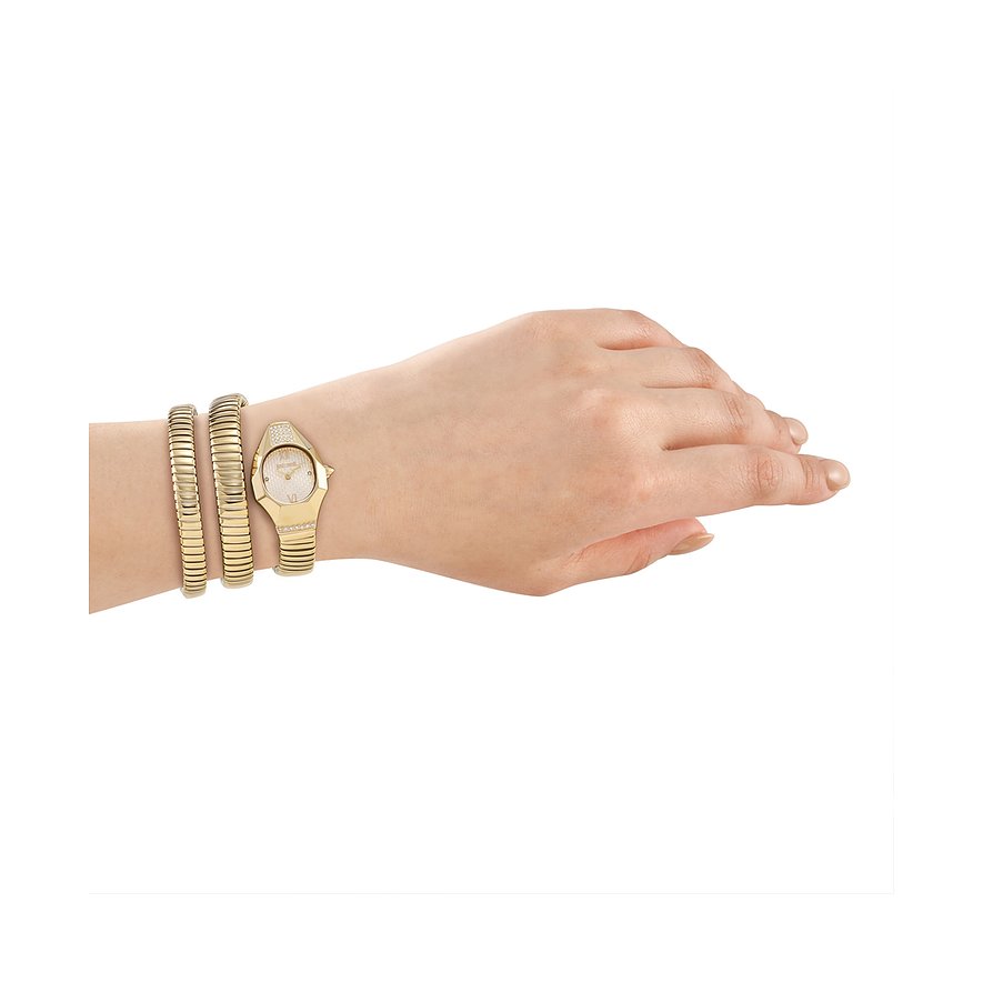 Guldfarvet Just Cavalli dameur i rustfrit stål til håndleddet med farvet krystal i guld- og sølvtoner.