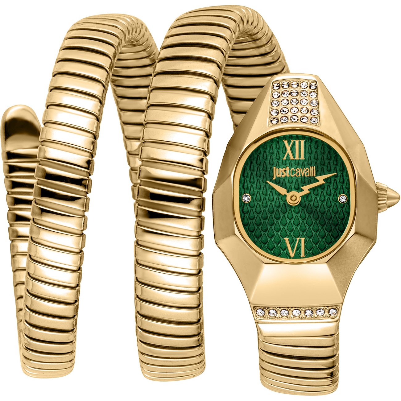 Just Cavalli dameur i guldfarvet rustfrit stål med spiralformet armbånd og grøn urskive med krystaller.
