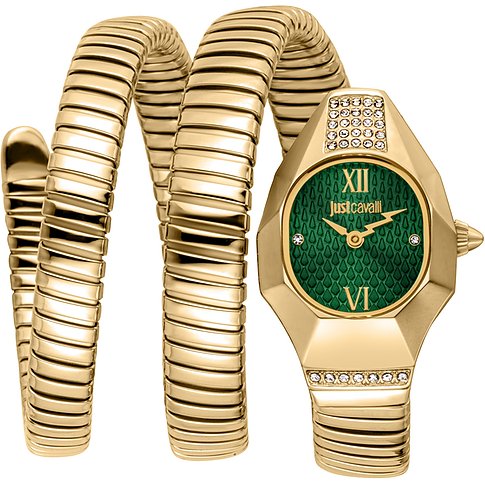 Just Cavalli Damenuhr aus goldfarbenem Edelstahl mit spiralförmigem Armband und grünem Zifferblatt mit Kristallen.