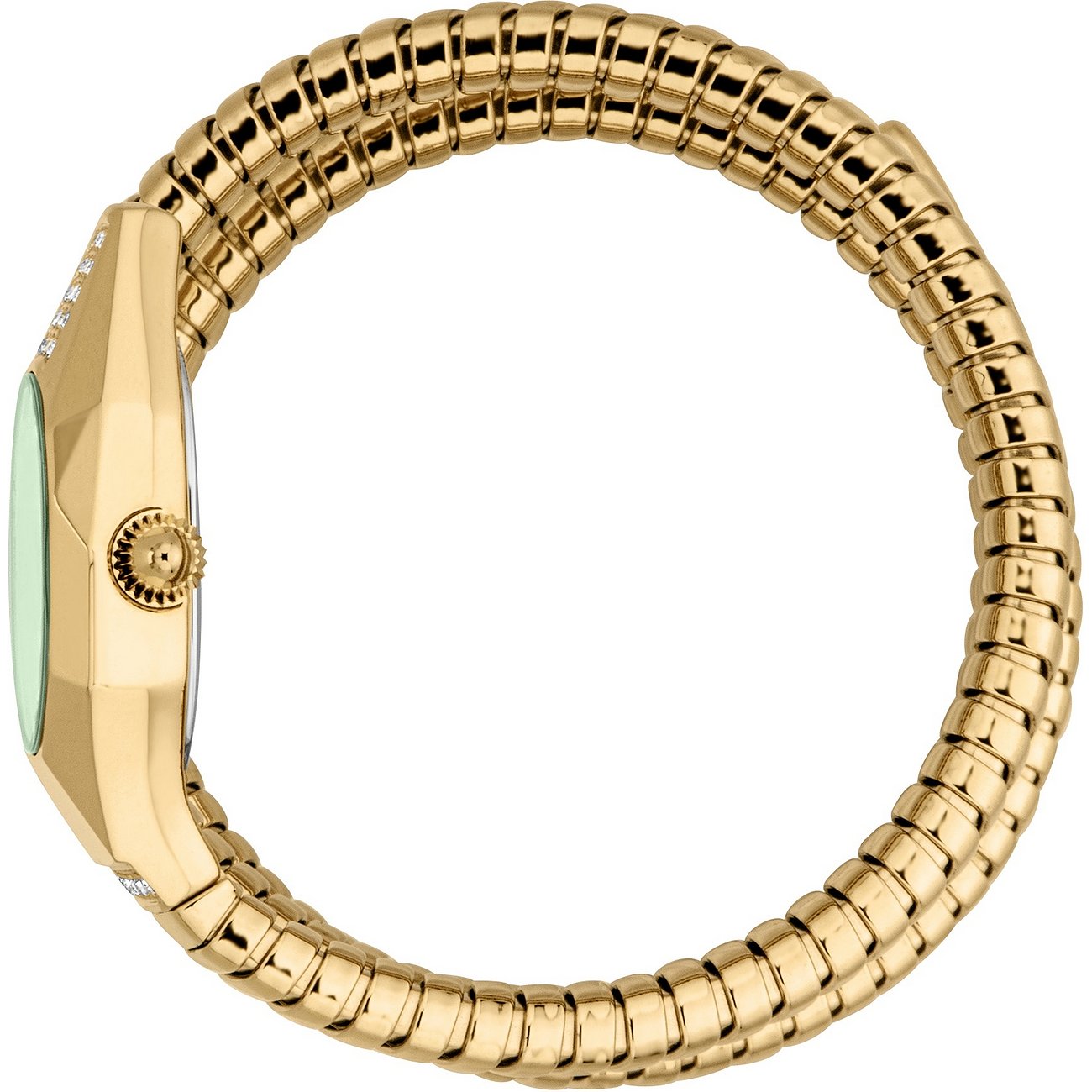 Sidebillede af Just Cavalli dameur: forgyldt rustfrit stål, slangeformet rem, grøn urskive med krystaller.
