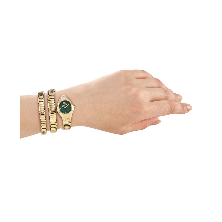 Just Cavalli dameur i guldfarvet rustfrit stål med grøn urskive og farverige krystaller.