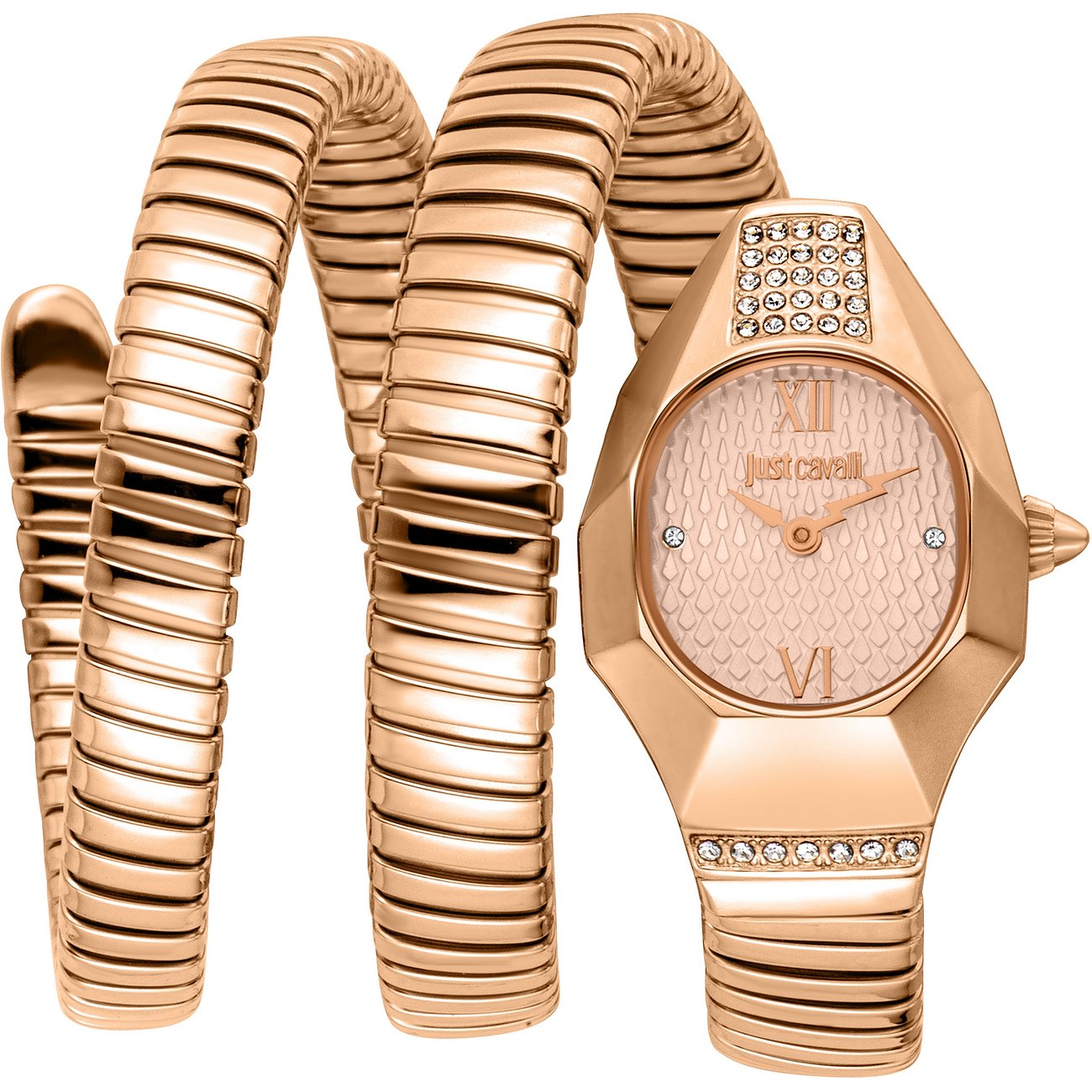 Just Cavalli dameur i rosaguld-farvet rustfrit stål med krystalbesætning, viklet rem og oval urskive.