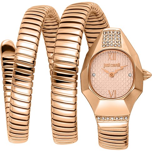 Just Cavalli Damenuhr aus roségoldfarbenem Edelstahl mit Kristallbesatz, gewickeltem Armband und ovalem Zifferblatt.