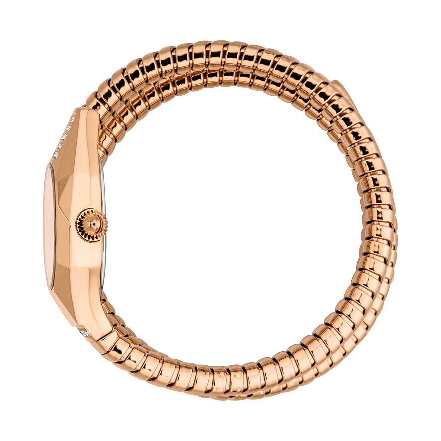 Sidebillede af Just Cavalli dameur i rosaguld-tonet rustfrit stål med krystalsten og slangelignende armbånd.