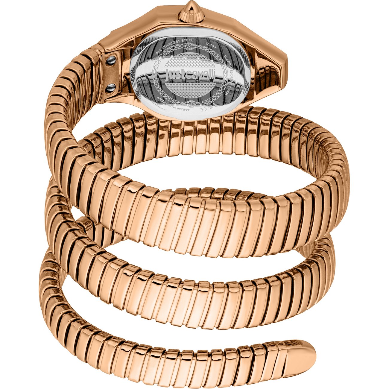 Bagside af Just Cavalli dameur i roséguld-tonet rustfrit stål. Remmen er spiraliseret som en slange.