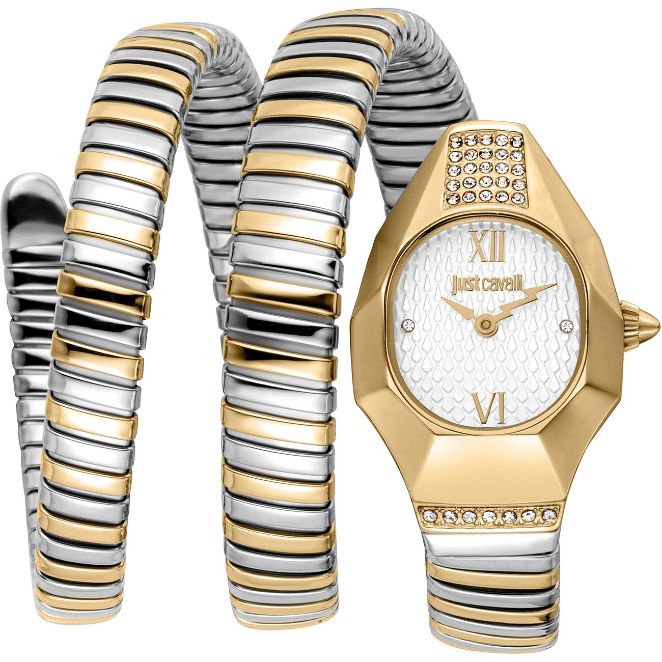 Just Cavalli dameur i guld- og sølvfarvet rustfrit stål med spiralformet lænke og krystal detaljer.