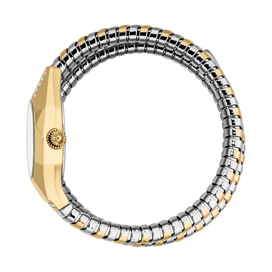 Sidebillede af et Just Cavalli dameur i guld- og sølvfarvet rustfrit stål, dekoreret med krystaller.