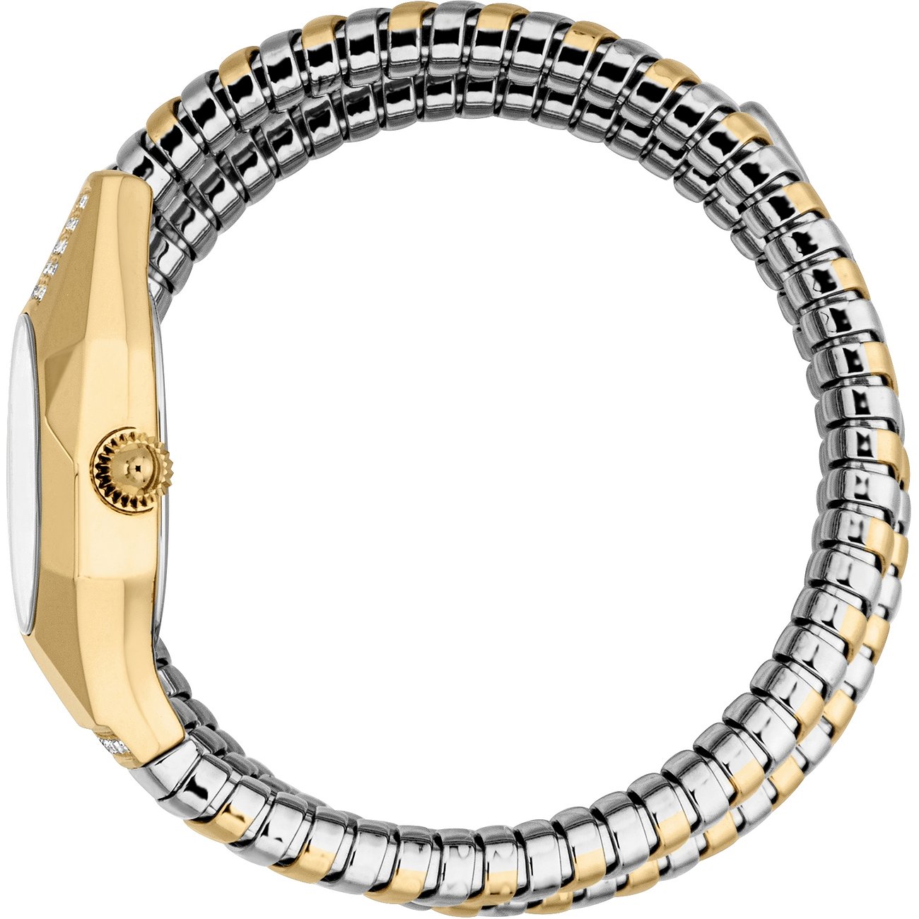 Sidebillede af et Just Cavalli dameur i guld- og sølvfarvet rustfrit stål, dekoreret med krystaller.