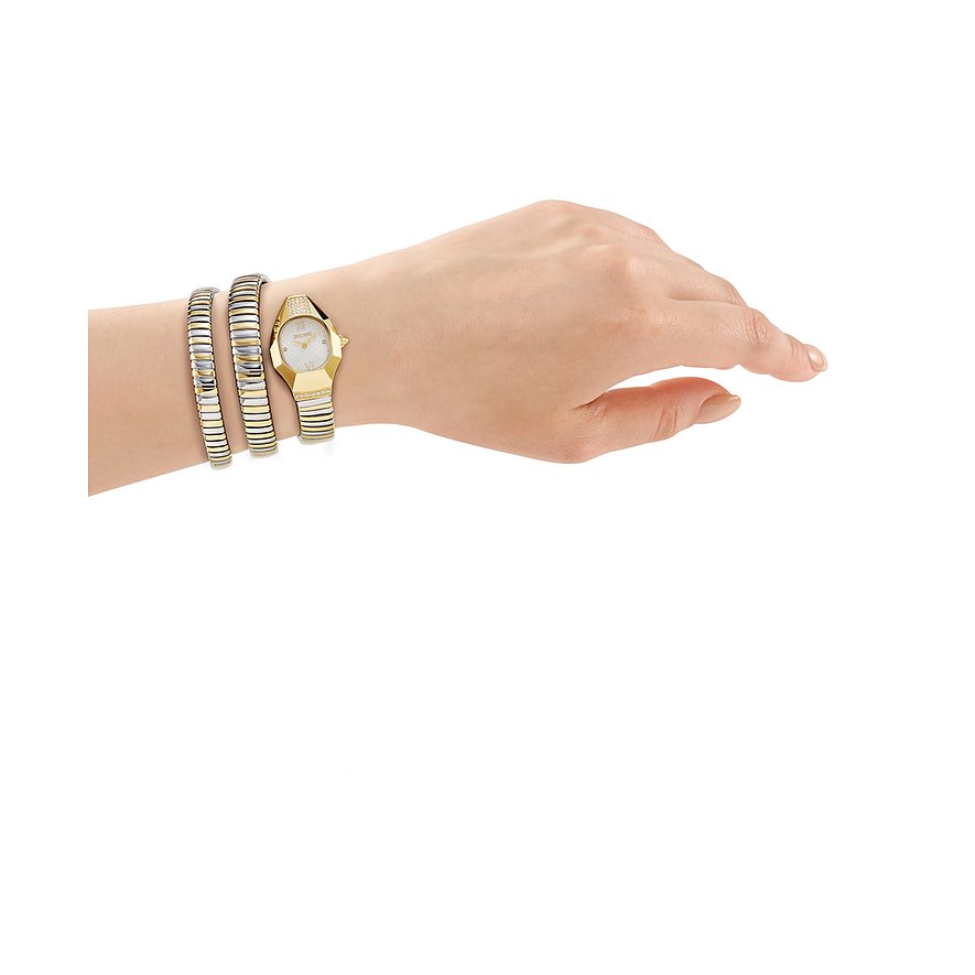 Just Cavalli dameur båret på håndleddet, i guldfarvet rustfrit stål med krystaludsmykning.