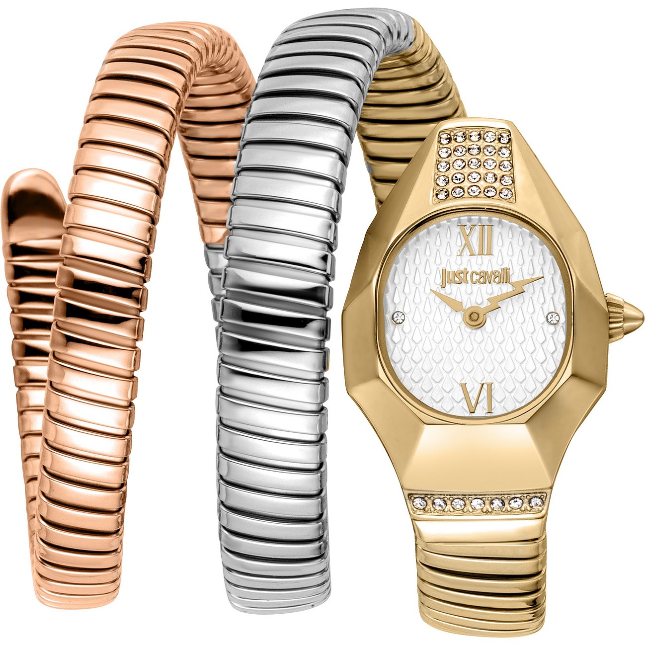 Just Cavalli dameur i guldfarvet rustfrit stål med spiralformet armbånd i roséguld og sølv. Krystaller.