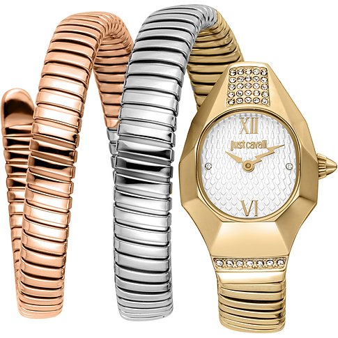 Just Cavalli Damenuhr aus goldfarbenem Edelstahl mit spiralförmigem Armband in Roségold und Silber. Kristalle.