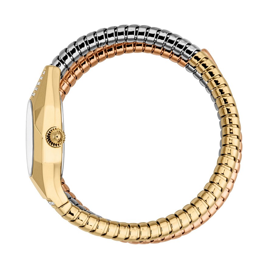 Just Cavalli dameur: Trefarvet stålrem (guld, roséguld, sølv) og guldfarvet urskive med krystaller.