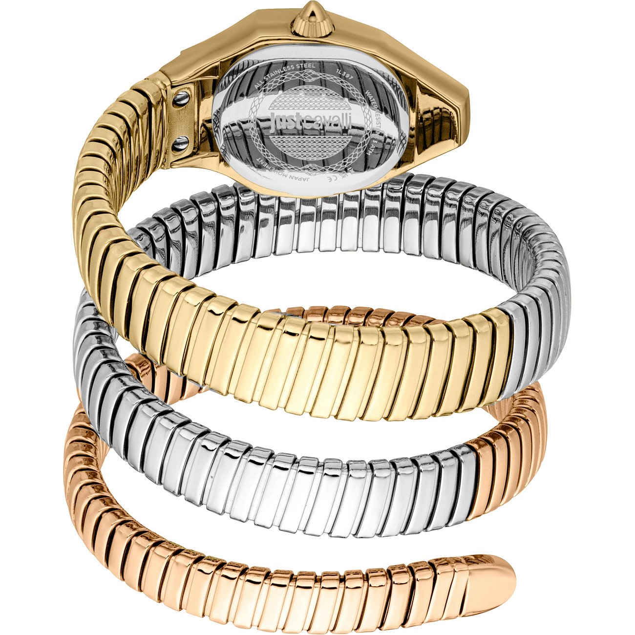 Bagside af Just Cavalli dameur i flerfarvet rustfrit stål, slangedesign med krystaludsmykning.