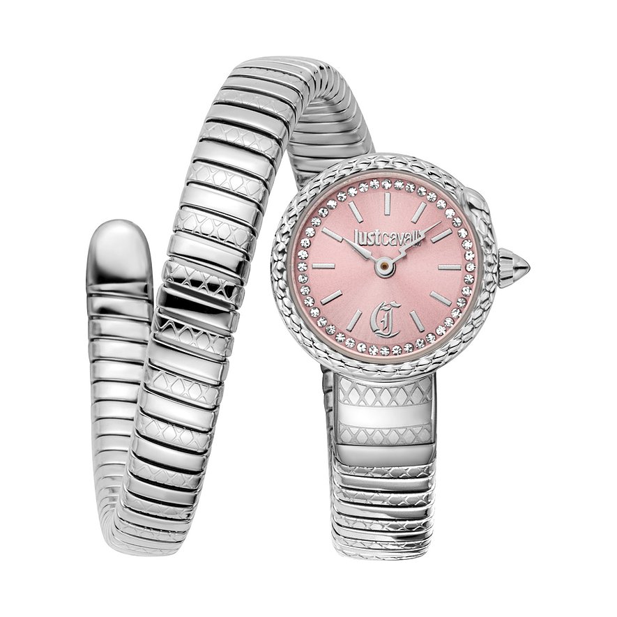 Just Cavalli Damenuhr aus Edelstahl mit einem spiralförmigen Armband und einem rosafarbenen Zifferblatt mit Kristallen.