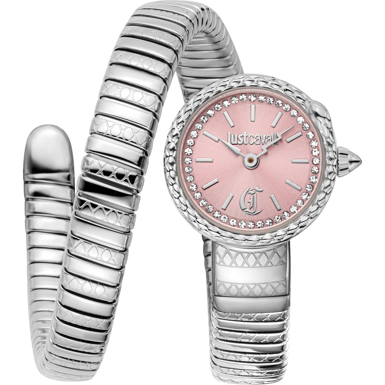 Just Cavalli Damenuhr aus Edelstahl mit einem spiralförmigen Armband und einem rosafarbenen Zifferblatt mit Kristallen.