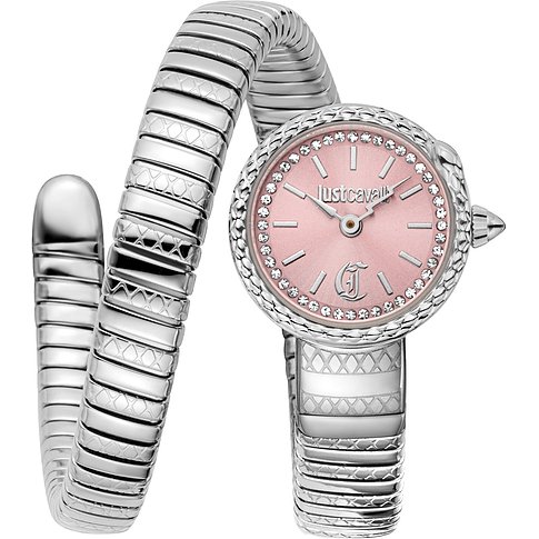 Just Cavalli Damenuhr aus Edelstahl mit einem spiralförmigen Armband und einem rosafarbenen Zifferblatt mit Kristallen.