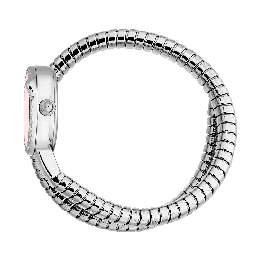 Seitenansicht der Just Cavalli Damenuhr aus Edelstahl, mit pinkem Zifferblatt und Kristallen am Gehäuserand.