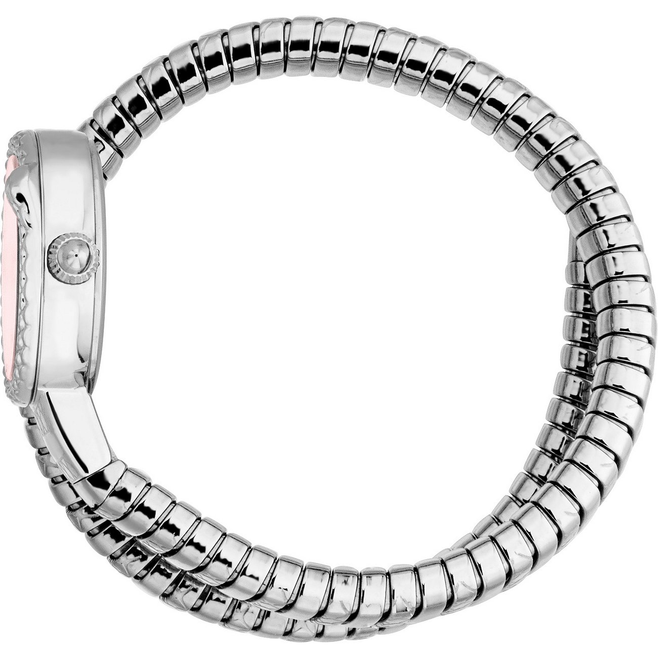 Seitenansicht der Just Cavalli Damenuhr aus Edelstahl, mit pinkem Zifferblatt und Kristallen am Gehäuserand.