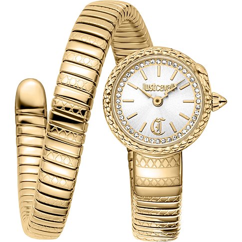 Just Cavalli Damenuhr aus goldfarbenem Edelstahl mit spiralförmigem Armband und Zifferblatt mit Kristallen.