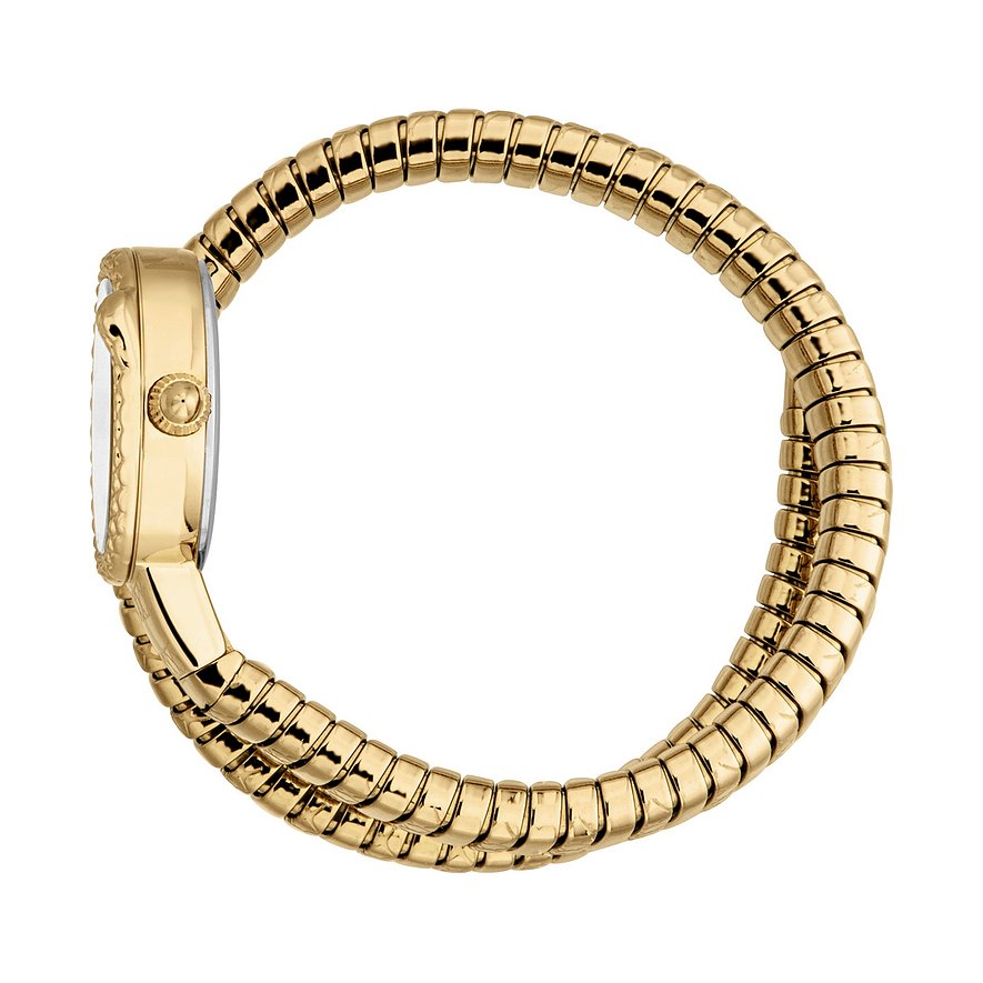 Seitenansicht der goldefarbenen Just Cavalli Damenarmbanduhr aus Edelstahl mit ovalem Gehäuse und Kristallverzierung.