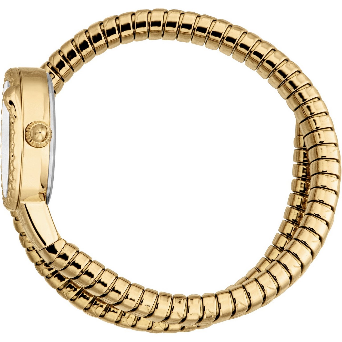 Seitenansicht der goldefarbenen Just Cavalli Damenarmbanduhr aus Edelstahl mit ovalem Gehäuse und Kristallverzierung.