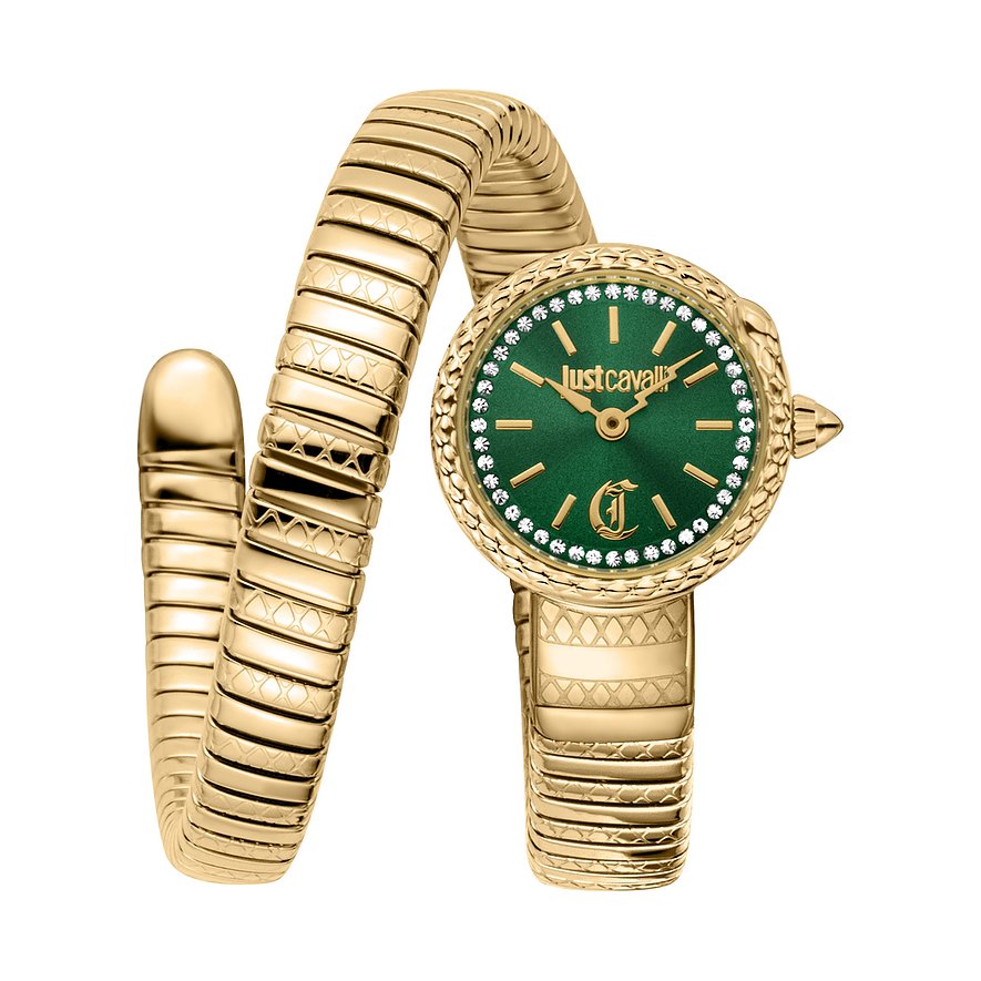 Just Cavalli Damenuhr: goldfarbener Schlangenarmreif, schillerndes grünes Zifferblatt, umlaufende Kristalle.