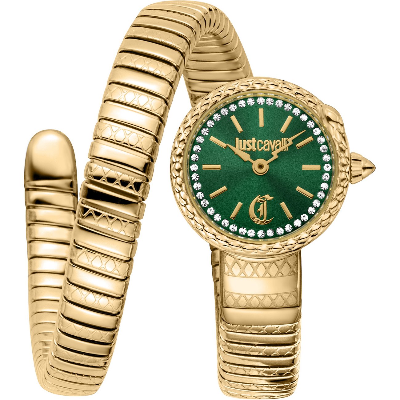Just Cavalli Damenuhr: goldfarbener Schlangenarmreif, schillerndes grünes Zifferblatt, umlaufende Kristalle.