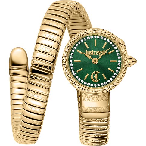Just Cavalli Damenuhr: goldfarbener Schlangenarmreif, schillerndes grünes Zifferblatt, umlaufende Kristalle.