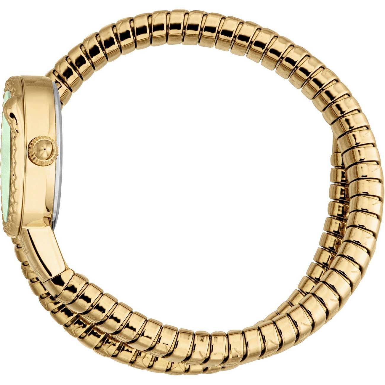 Seitenansicht der runden goldenen Just Cavalli Damenuhr aus Edelstahl mit einem grünen Zifferblatt und Kristall.