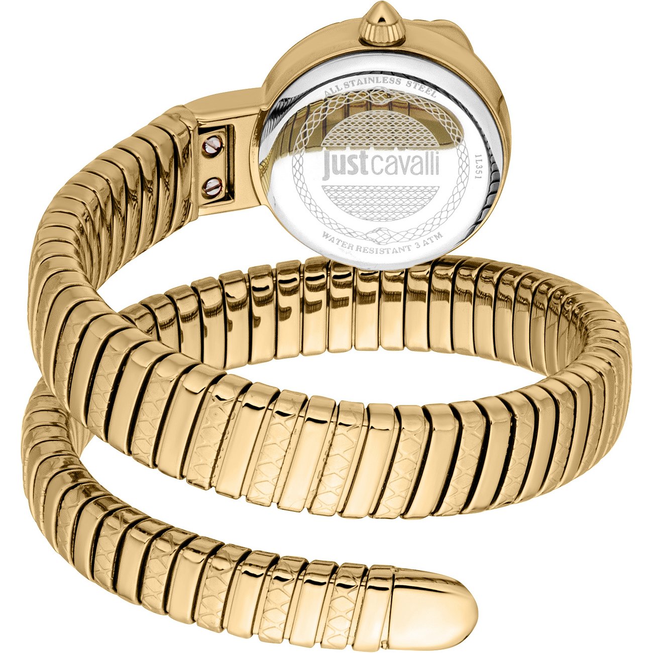 Rückseite einer goldenen Just Cavalli Damenuhr aus Edelstahl mit spiralförmigem Armband in Schlangenhaut-Optik.