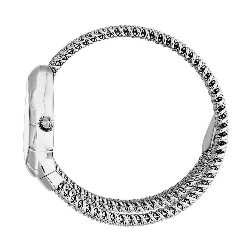 Seitenansicht einer Just Cavalli Damenuhr aus Edelstahl mit einem verdrehten Armband und einem Kristall auf der Krone.