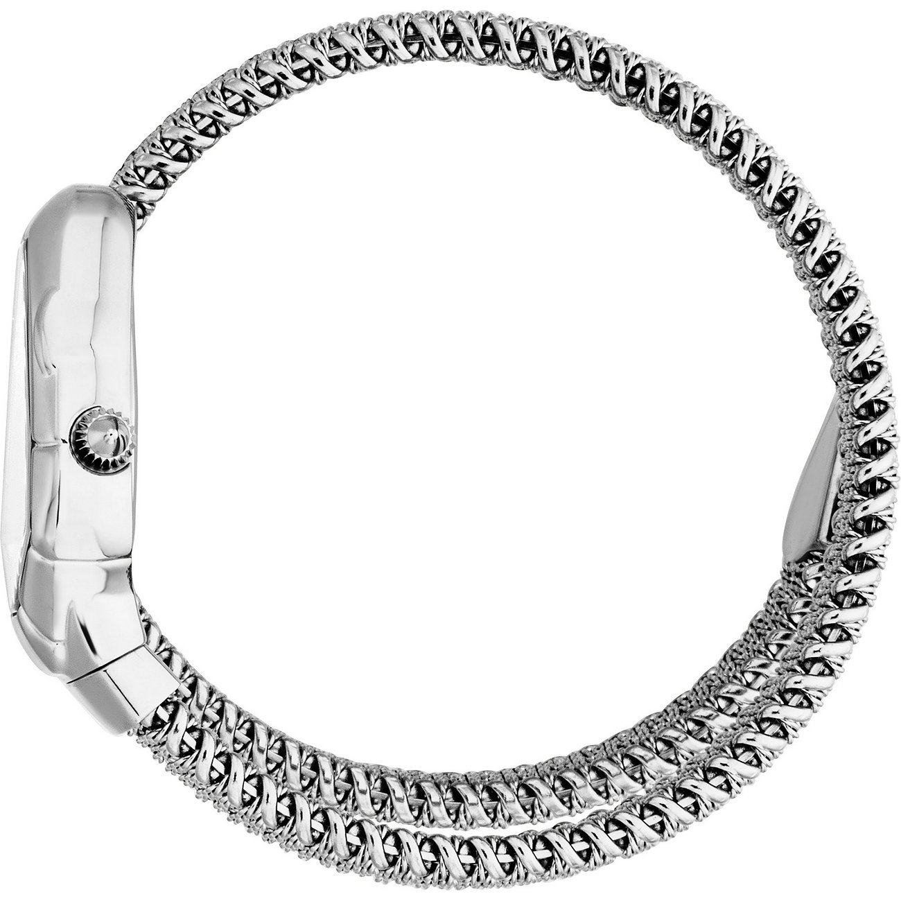 Seitenansicht einer Just Cavalli Damenuhr aus Edelstahl mit einem verdrehten Armband und einem Kristall auf der Krone.