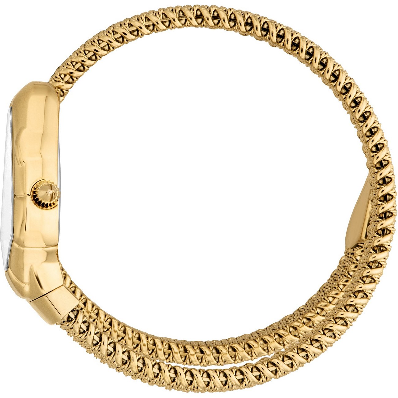 Seitenansicht der runden Just Cavalli Damenuhr aus goldglänzendem Edelstahl mit Doppelmaschenband und Krone.