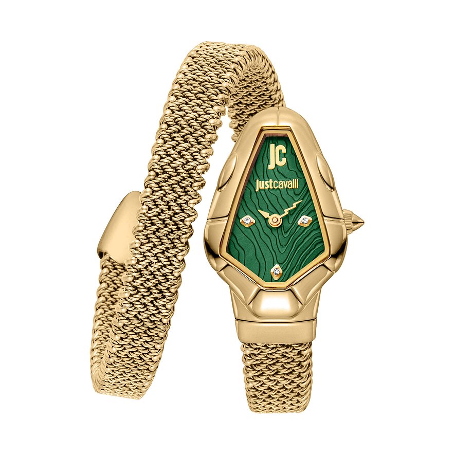 Just Cavalli Damenuhr aus goldfarbenem Edelstahl mit schmalem Netzband und grünem Zifferblatt mit Kristallen.