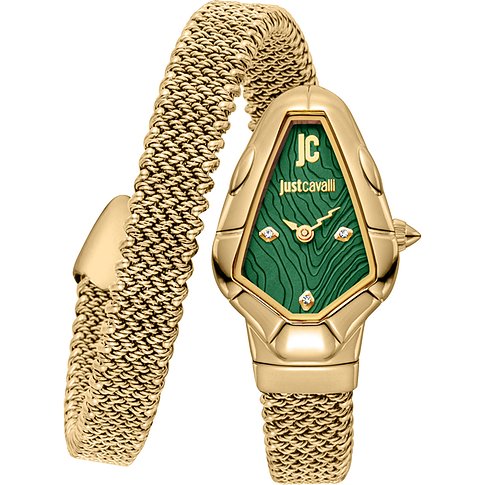 Just Cavalli Damenuhr aus goldfarbenem Edelstahl mit schmalem Netzband und grünem Zifferblatt mit Kristallen.