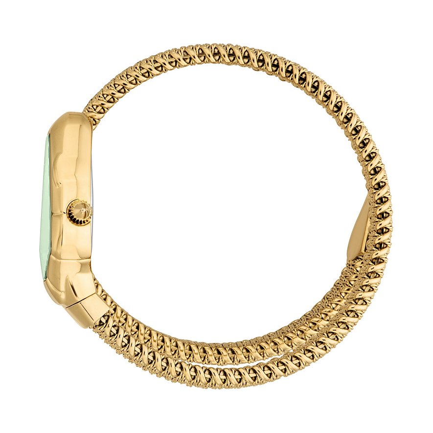 Seitenansicht der Just Cavalli Damenuhr: goldfarbener Edelstahl, strukturiertes Armband, Zifferblatt mit Farbstein-Optik.