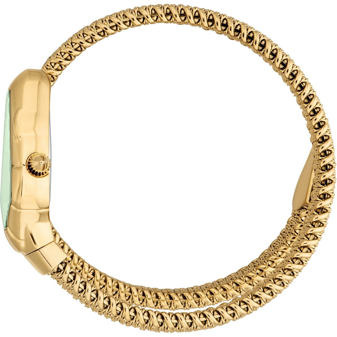 Seitenansicht der Just Cavalli Damenuhr: goldfarbener Edelstahl, strukturiertes Armband, Zifferblatt mit Farbstein-Optik.