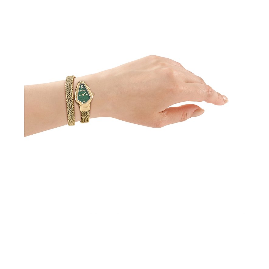 Am Handgelenk getragene Just Cavalli Damenuhr aus goldfarbenem Edelstahl mit grünem Farbkristallzifferblatt.