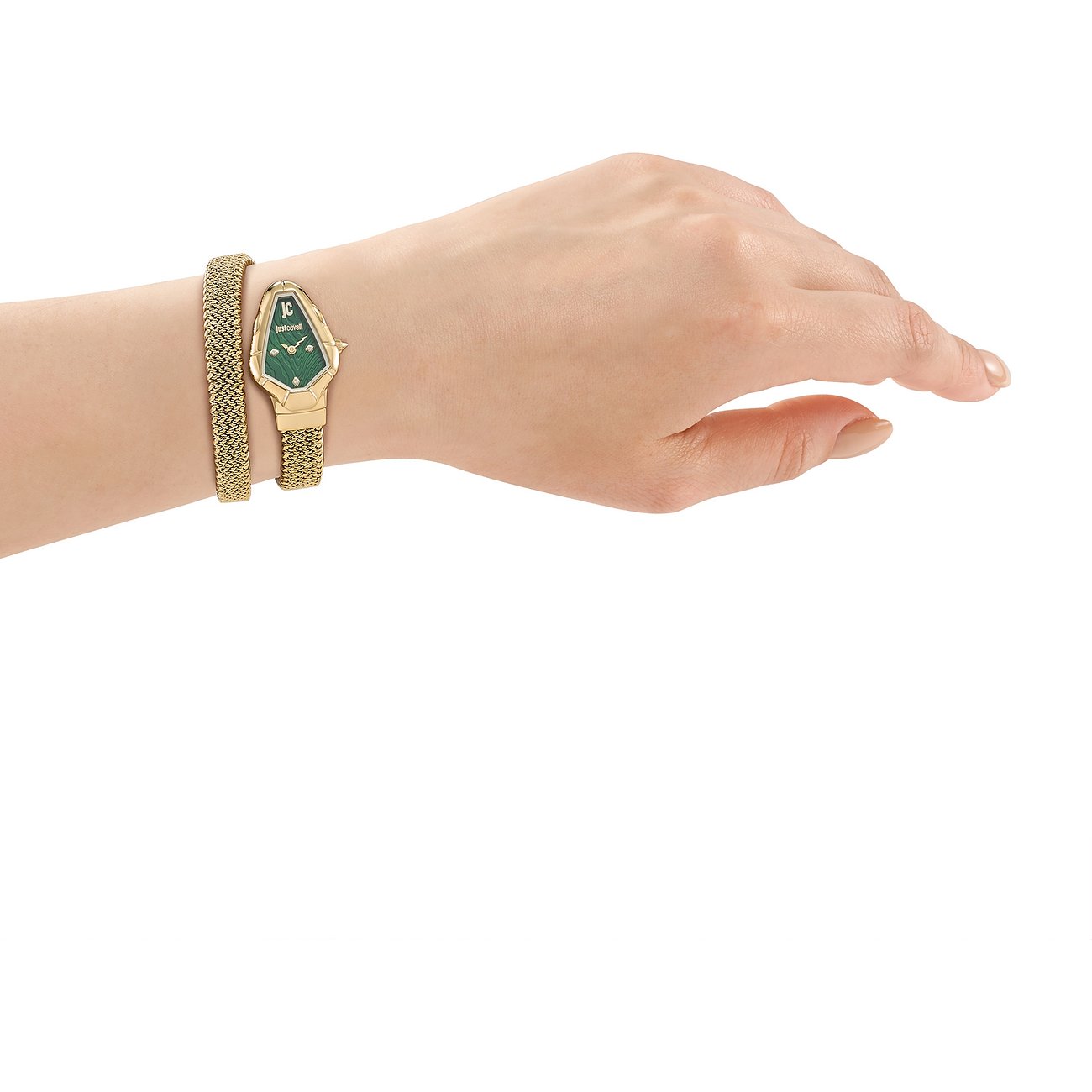 Am Handgelenk getragene Just Cavalli Damenuhr aus goldfarbenem Edelstahl mit grünem Farbkristallzifferblatt.