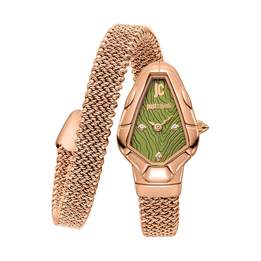 Just Cavalli Damenuhr aus roségoldfarbenem Edelstahl mit gewickeltem Milanaise-Armband und grünem Zifferblatt mit Kristallen.