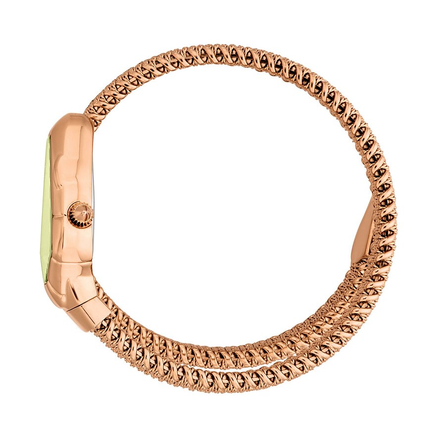 Die Just Cavalli Damenuhr aus roségoldenem Edelstahl, seitlich gesehen, mit einem geflochtenen Band
