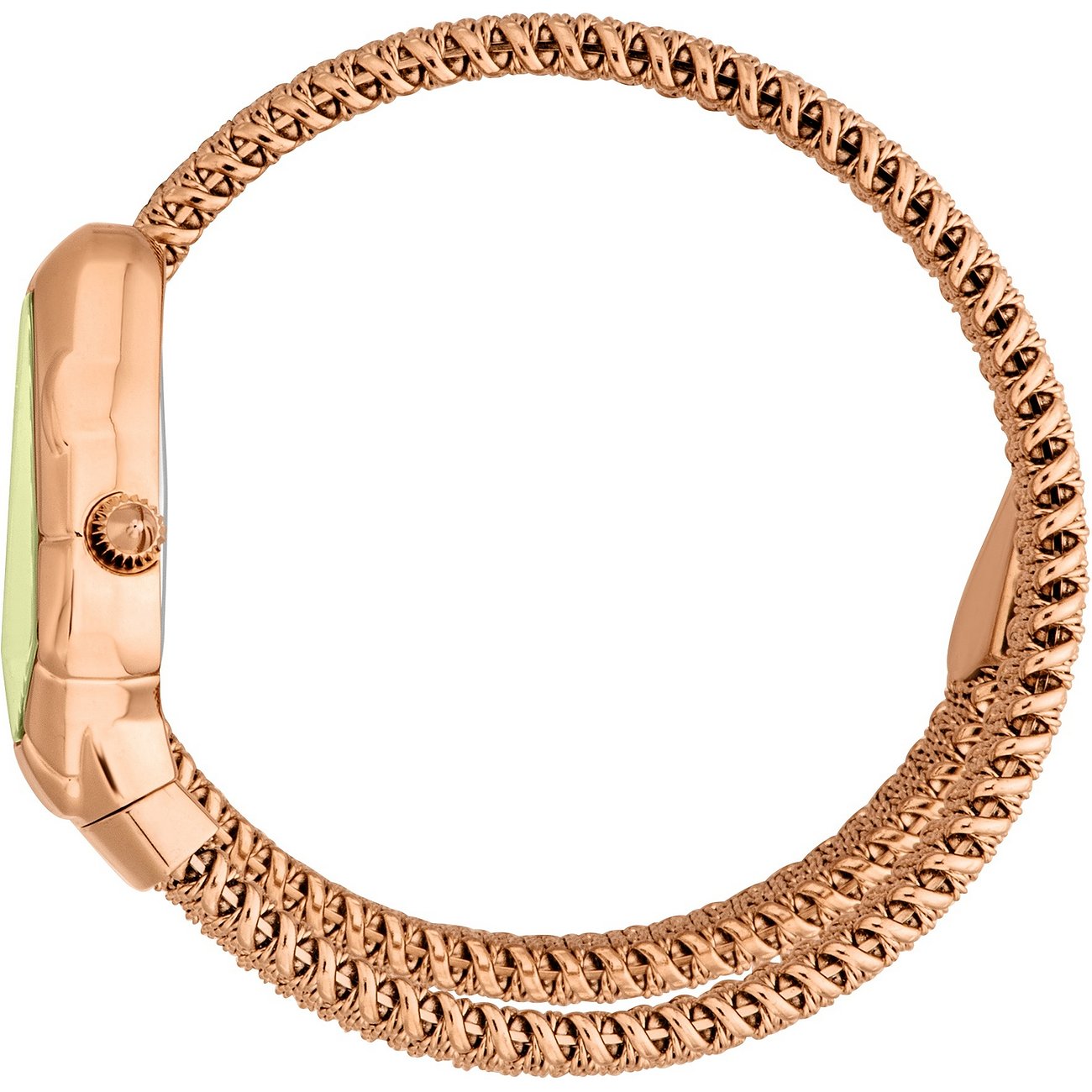 Die Just Cavalli Damenuhr aus roségoldenem Edelstahl, seitlich gesehen, mit einem geflochtenen Band