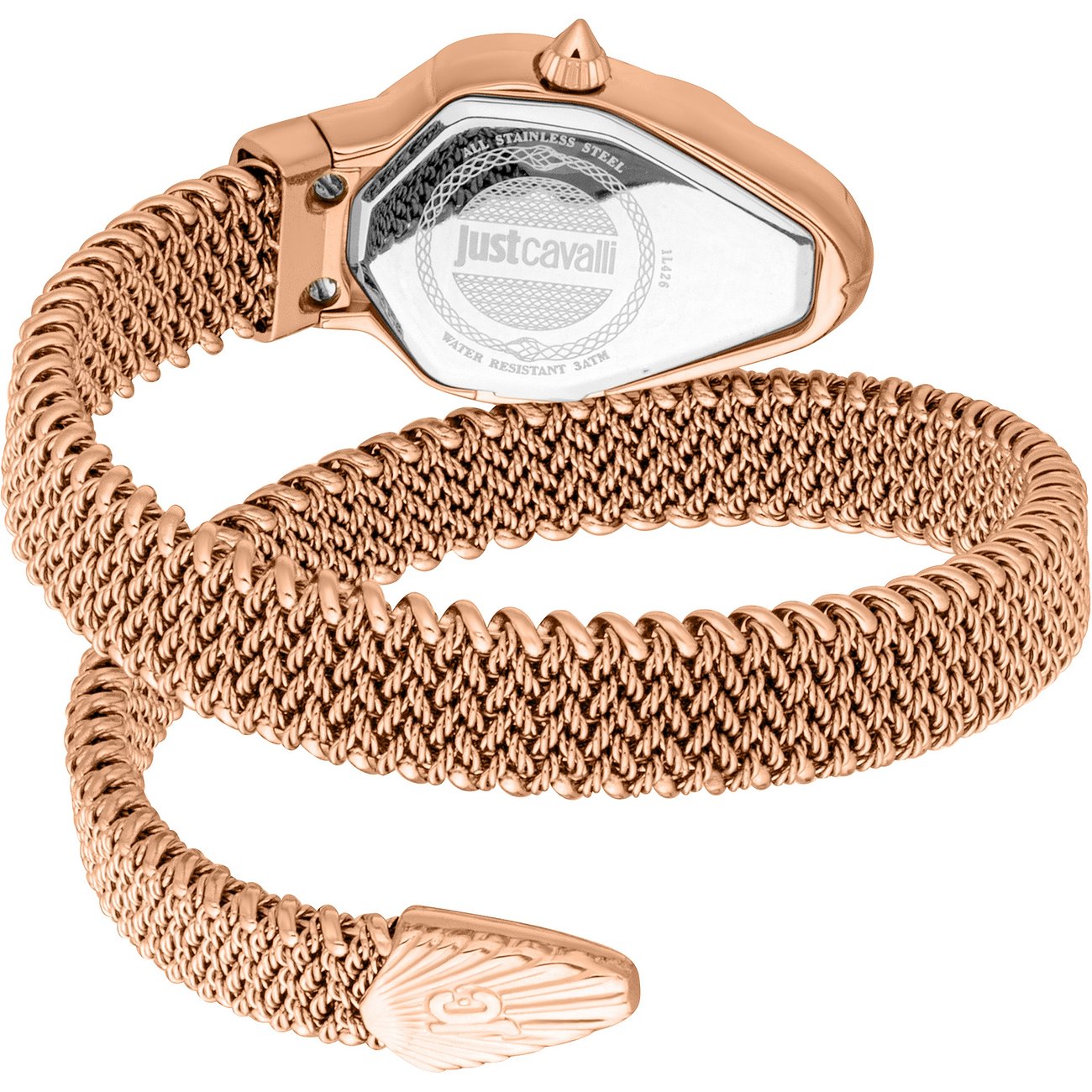 Rückansicht der Just Cavalli Damenuhr aus roségoldfarbenem Edelstahl, Schlangenarmband umschließt das Uhrengehäuse.
